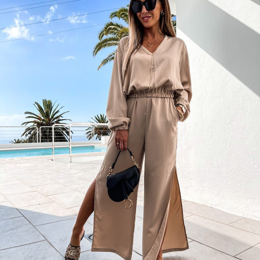 Ensemble de Sport Décontracté Femme – Sweat Col V & Pantalon Long Ajusté