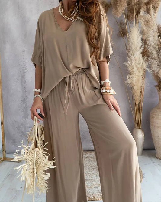 🌈 Ensemble Décontracté Haut Chauve-souris & Pantalon – Style Libre & Confort Élégant